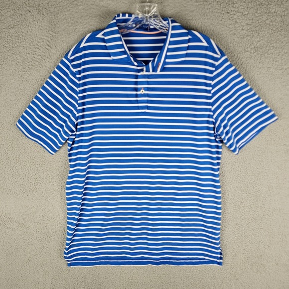 Stitch Polo Shirt Mens Blue White Striped Stretch Golf Performance High Low Slit - Picture 1 of 9